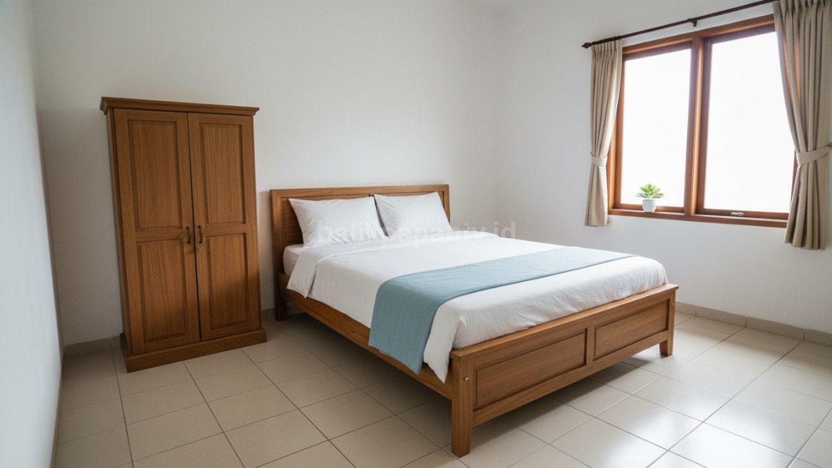 Ilustrasi kamar ukuran 3x3 meter dengan penataan furnitur sederhana, hanya tempat tidur dan lemari kecil, menunjukkan ruang tetap lega tanpa banyak barang