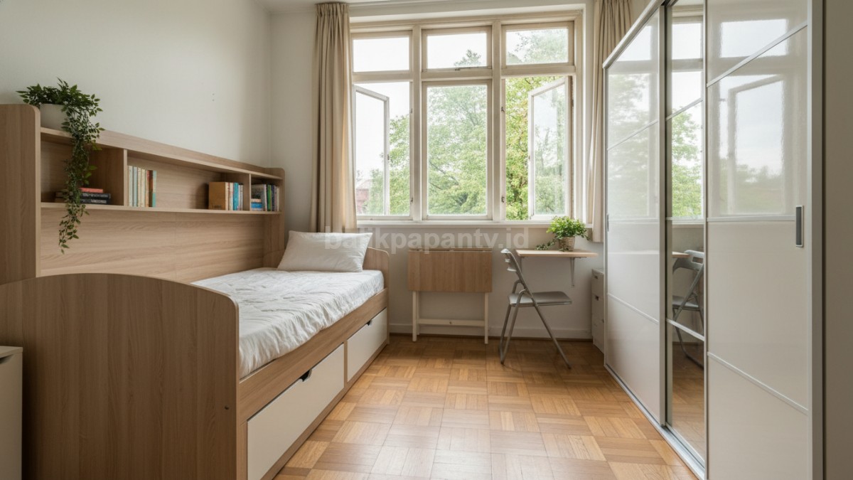 Kamar sempit dengan tempat tidur multifungsi dan lemari minimalis warna terang, penataan rapi dengan ruang gerak yang masih lega sesuai pembahasan utama artikel