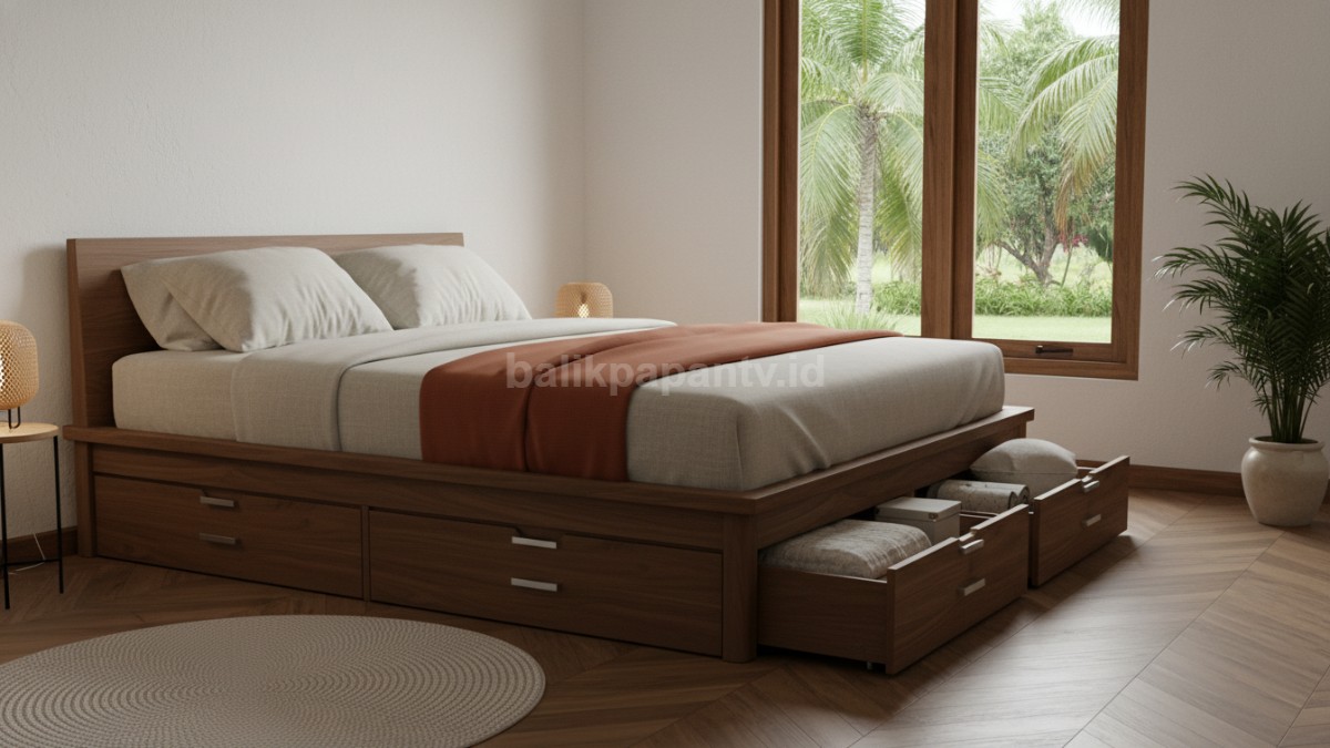 Visual tempat tidur dengan laci penyimpanan di bawah yang dimanfaatkan untuk menyimpan barang tanpa menambah furnitur lain