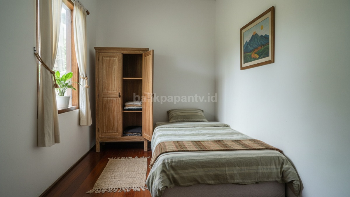 Gambar ukuran standar tempat tidur single dan lemari kecil yang proporsional di kamar sempit dengan skala yang jelas