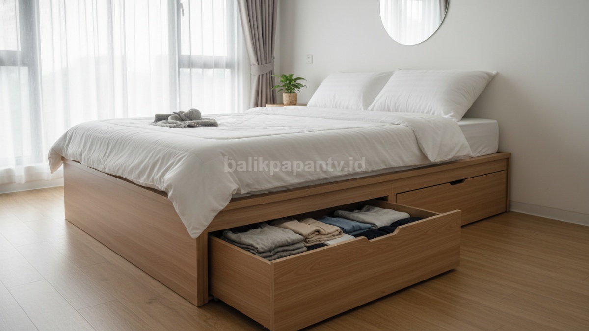 Kamar sempit dengan tempat tidur yang memiliki kotak penyimpanan di bagian bawah, terlihat rapi dan ruang terasa lebih lega sesuai gambaran utama artikel