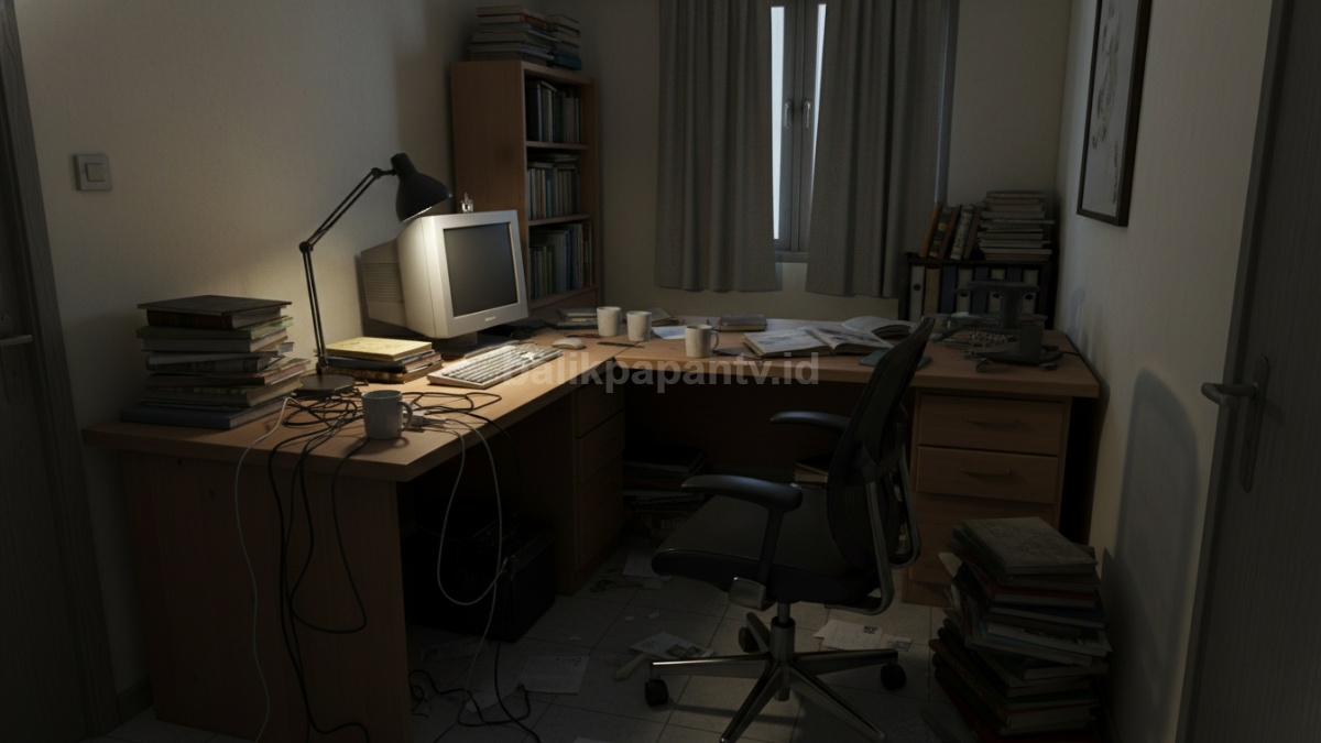 Contoh workspace sempit dengan penataan salah, meja terlalu besar, pencahayaan kurang, dan area terasa penuh