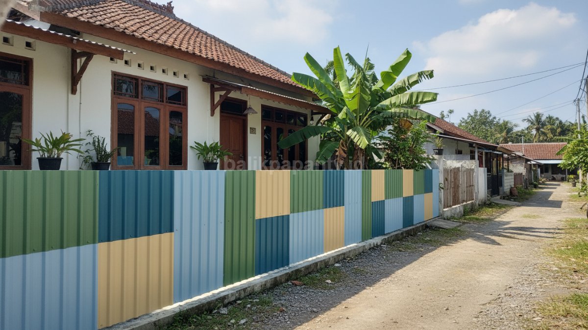 Rumah kampung dengan pagar seng minimalis yang sudah dicat rapi, tampak bersih dan modern dari depan &mdash; menggambarkan perubahan seng jadi elemen estetik