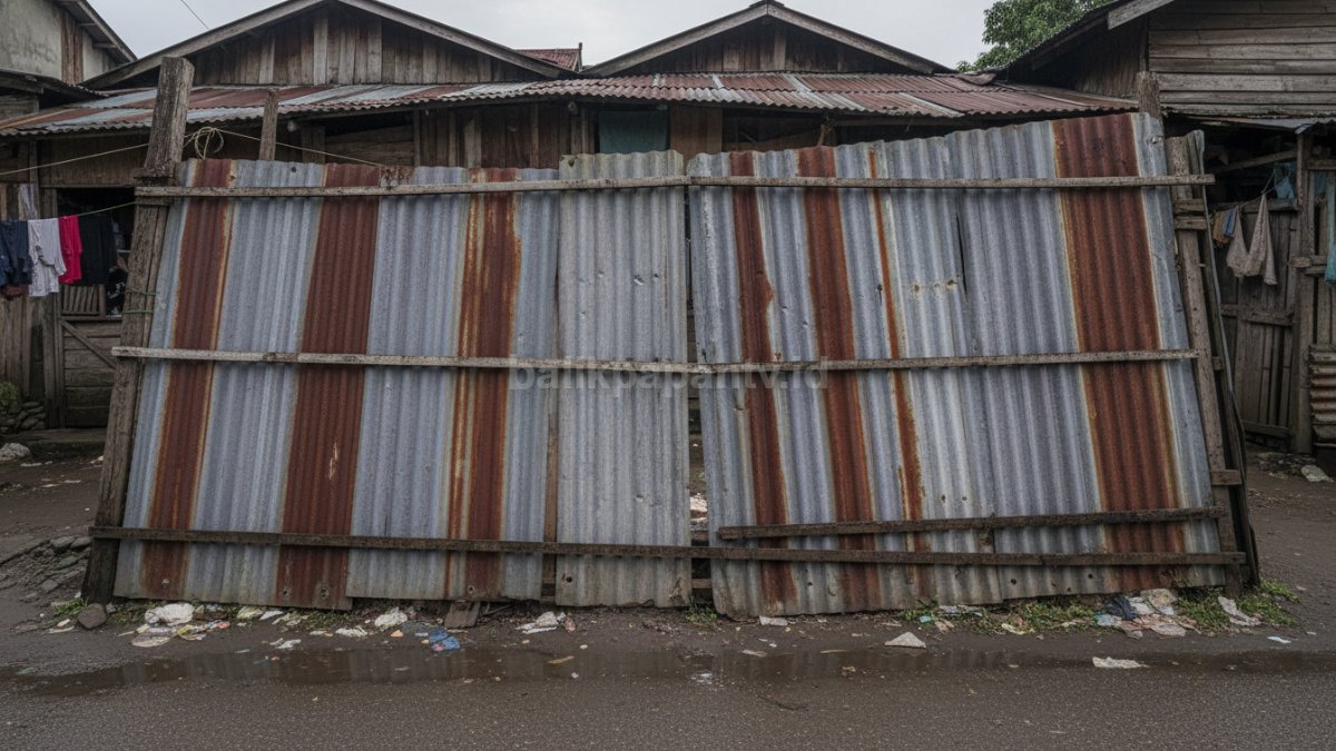 Pagar seng miring atau berkarat tanpa rangka kuat, terlihat kusam &mdash; menunjukkan kesalahan pemasangan yang sering terjadi