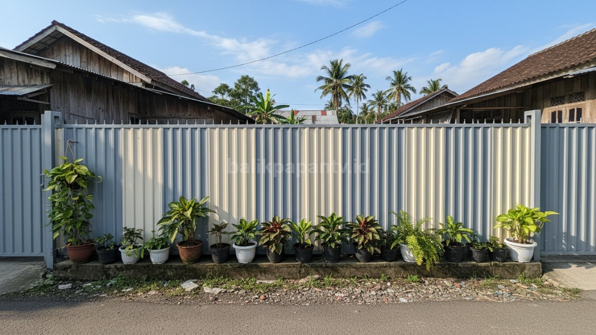 Pagar seng dicat warna netral dengan tambahan tanaman hias di depannya &mdash; hasil akhir yang rapi dan menarik