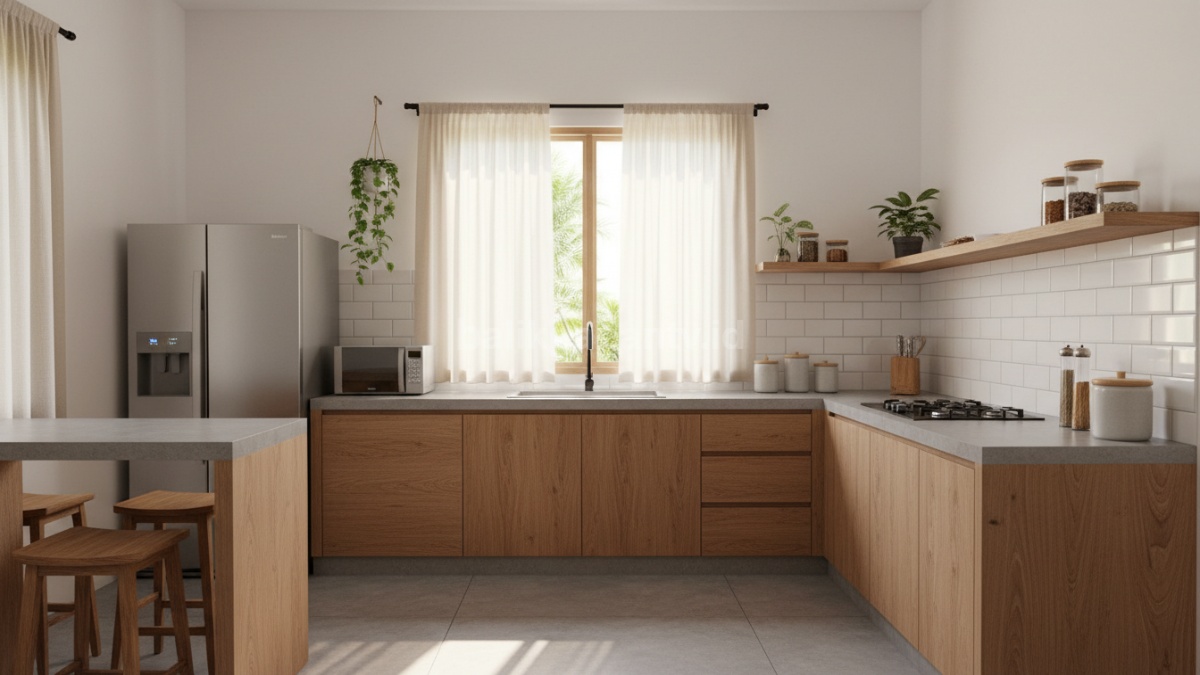 Dapur minimalis modern dengan gorden tipis warna netral yang membuat ruangan terlihat terang, rapi, dan nyaman digunakan sehari-hari