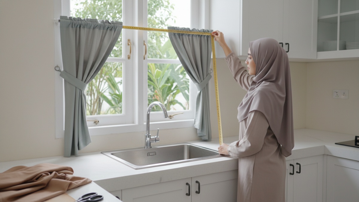  Proses mengukur jendela dapur menggunakan meteran sebelum pemasangan gorden 