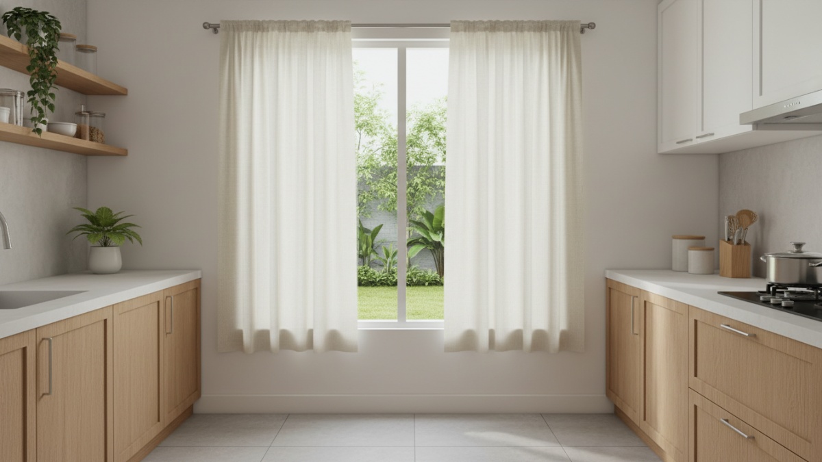  Gorden dapur dengan bahan ringan, warna netral, dan ukuran pas yang terlihat serasi dengan interior