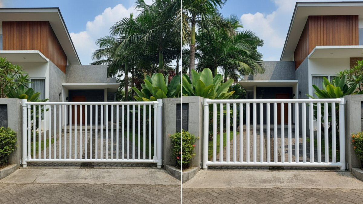  Perbandingan visual pipa PVC diameter kecil dan besar yang menunjukkan perbedaan kekuatan saat digunakan sebagai struktur pagar