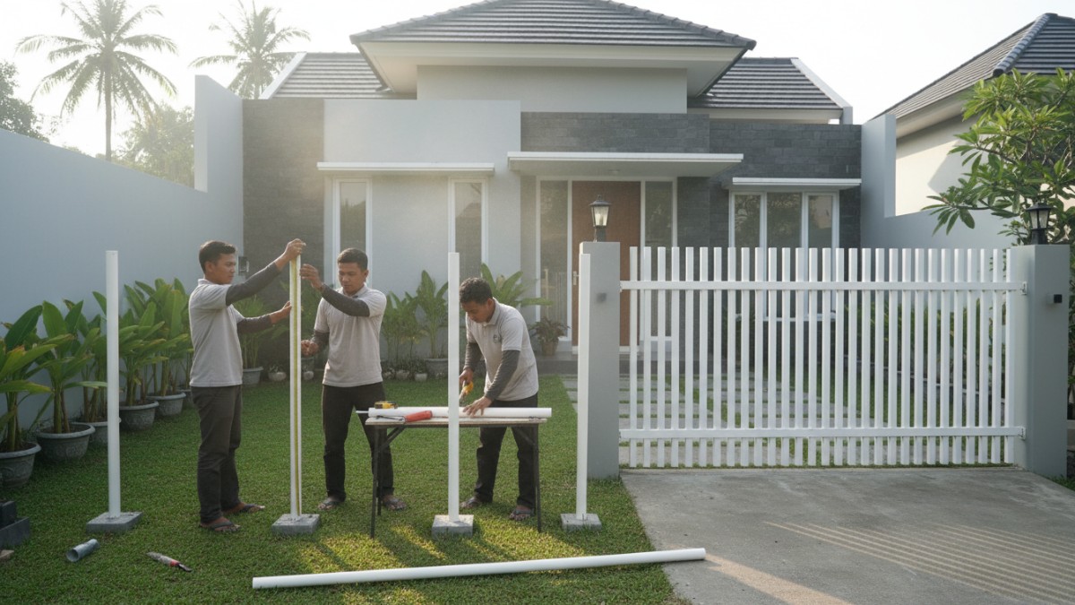  Proses pengukuran tinggi pagar dan pemotongan pipa PVC sesuai ukuran kebutuhan di area rumah