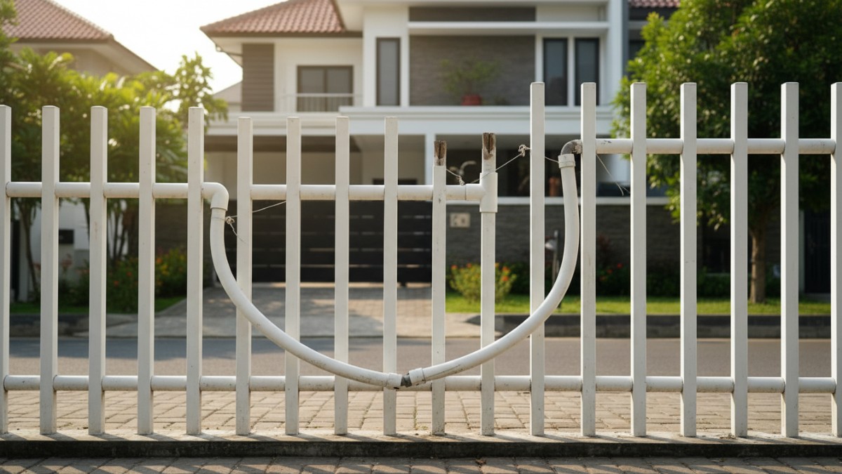  Pagar PVC yang melengkung dan sambungan mulai lepas akibat penggunaan ukuran pipa yang tidak sesuai