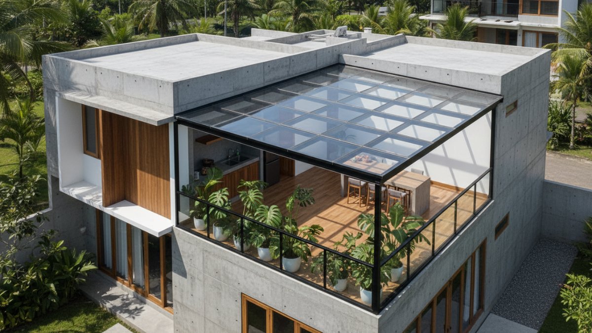 Proses pengukuran dan pemasangan atap polycarbonate pada rangka atap rumah sesuai ukuran kebutuhan