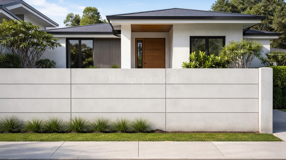 Pagar beton minimalis polos dengan garis horizontal.