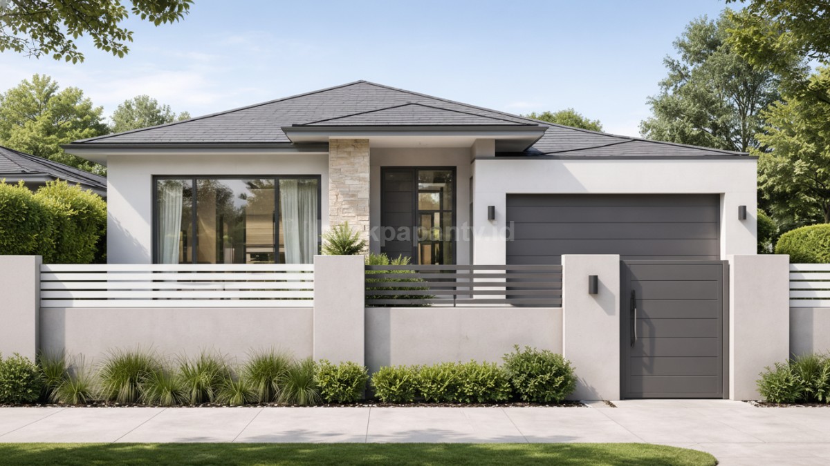 Pagar beton minimalis dengan warna netral.