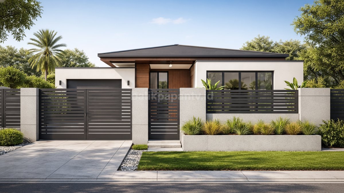 Pagar beton minimalis dengan desain modern rapi cocok untuk rumah perkotaan Indonesia.