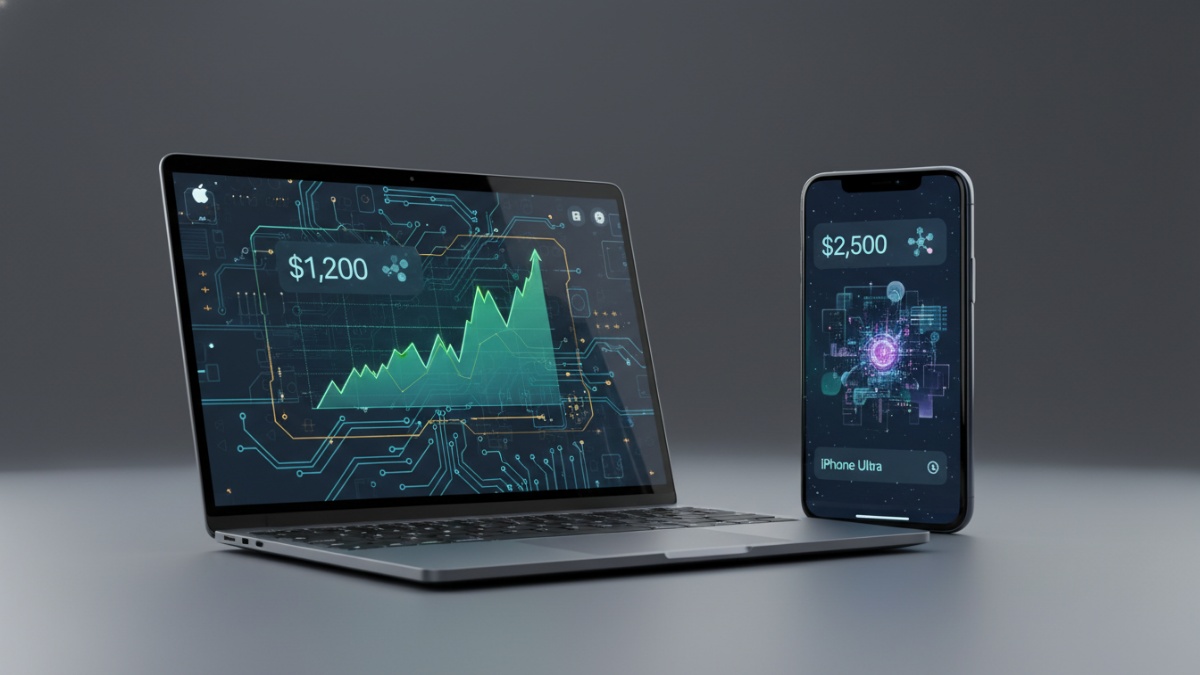 Ilustrasi MacBook Neo dan iPhone Ultra berdampingan, menunjukkan perbedaan konsep harga dan teknologi