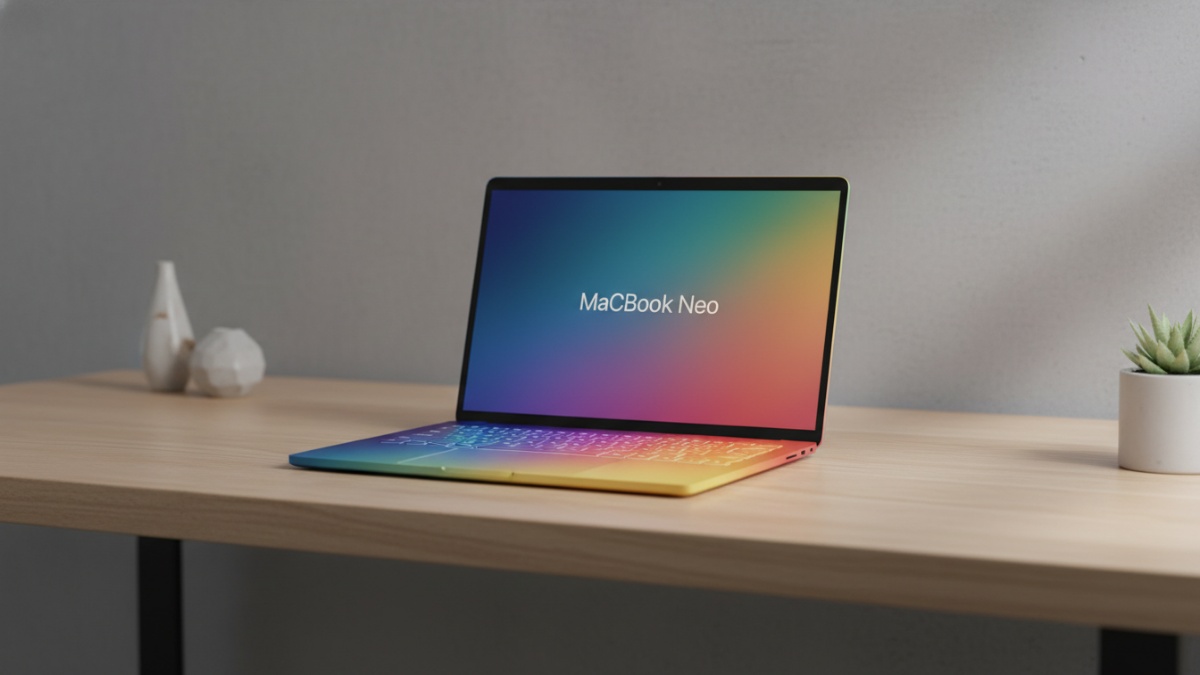 MacBook Neo warna-warni di meja kerja minimalis