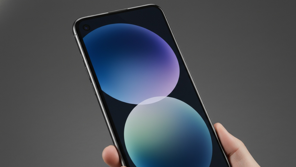 Layar iPhone Fold terlihat mulus tanpa lipatan, punch-hole di pojok kiri atas.