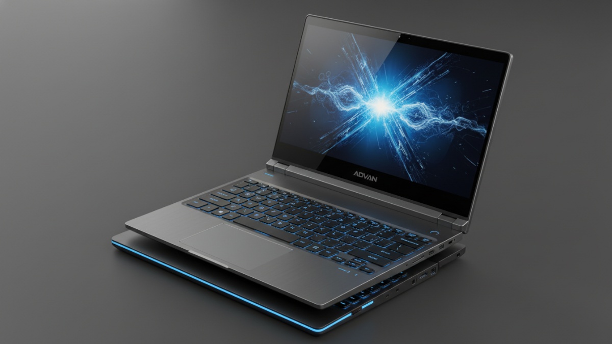 Advan Pixwar Touch tampil premium dengan aksen lampu biru dan layar sentuh, laptop hybrid gaming &amp; kerja 8 jutaan.