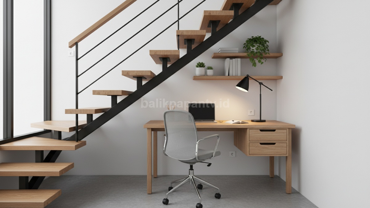 Ide desain kreatif ruang bawah tangga seperti  Mini Workspace atau Meja Kerja