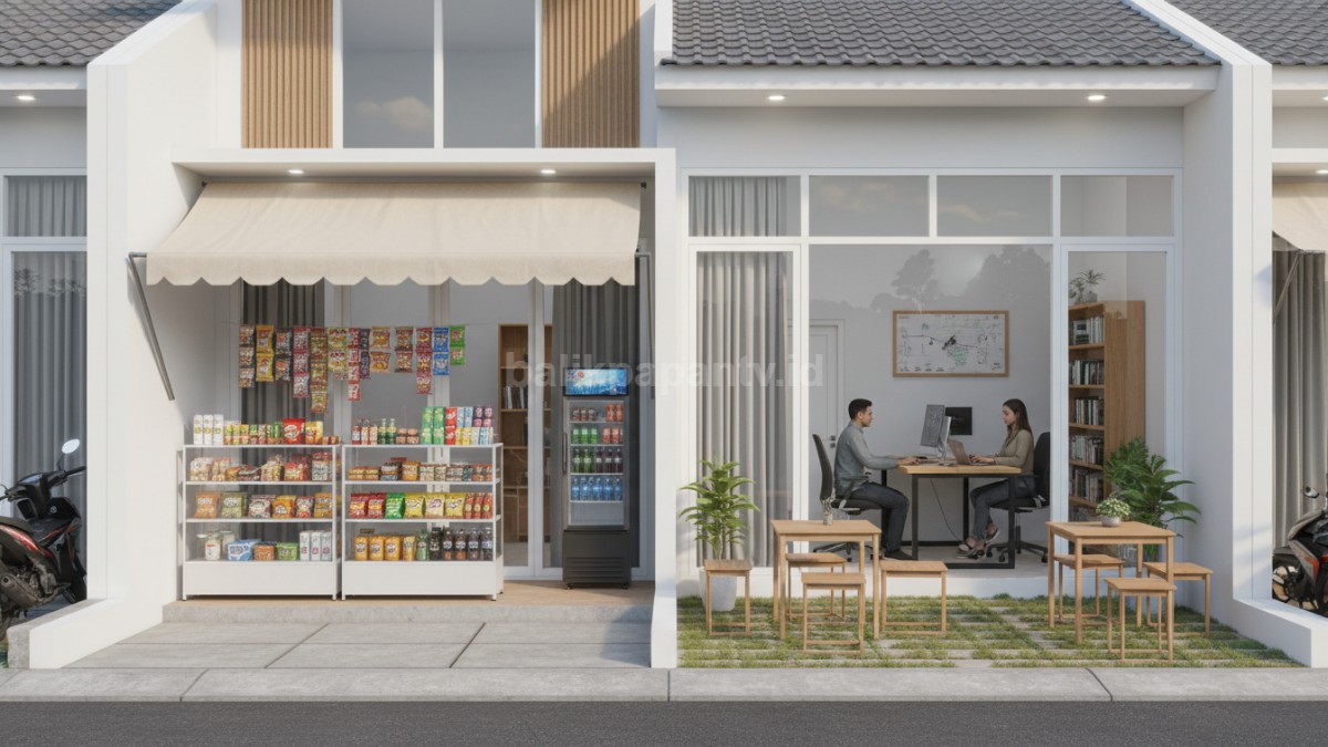 Rumah sederhana dengan teras dijadikan warung dan bagian dalam sebagai kantor kerja, tampilan rapi dan fungsional.