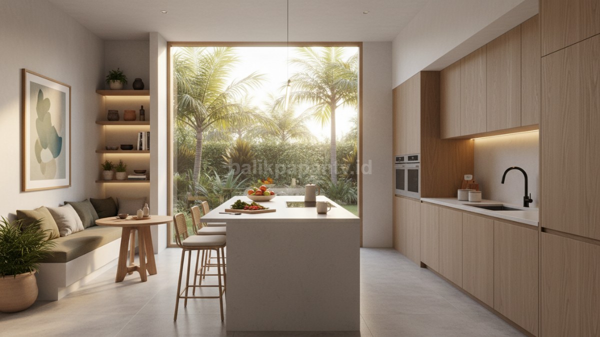Dapur minimalis elegan warna putih dengan aksen kayu, tampilan bersih dan modern