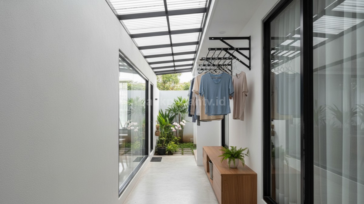 Jemuran minimalis modern di rumah sempit dengan pakaian tertata rapi