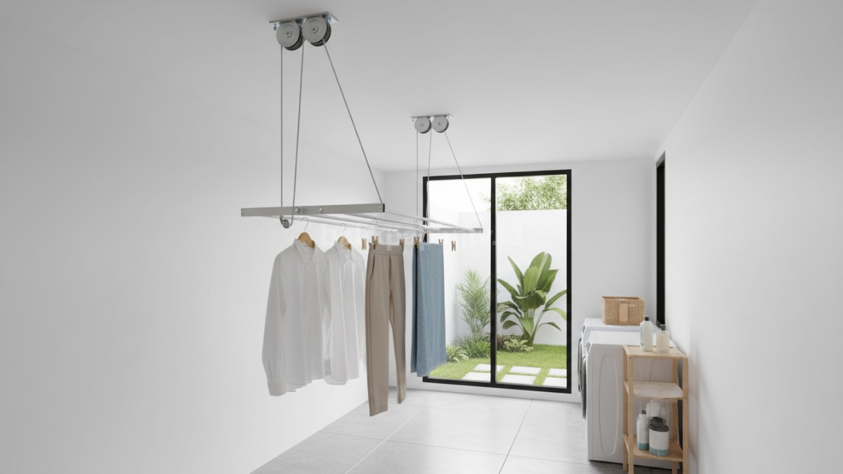 Jemuran ceiling-mounted dengan sistem katrol