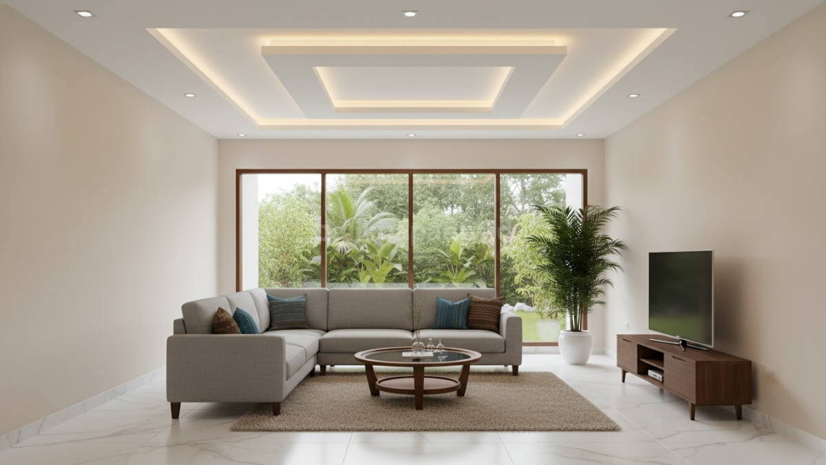 Plafon PVC modern dengan motif geometris di ruang tamu minimalis, tampak elegan.