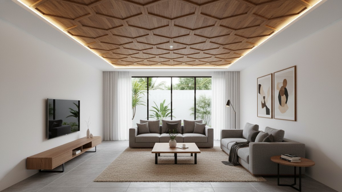 Panel PVC motif kayu memberikan kesan hangat di ruang tamu.