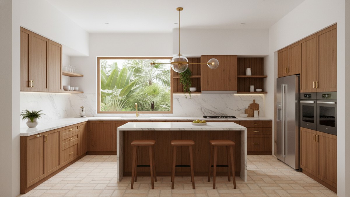 Dapur klasik minimalis dengan kabinet shaker dan countertop granit elegan, cocok rumah modern.