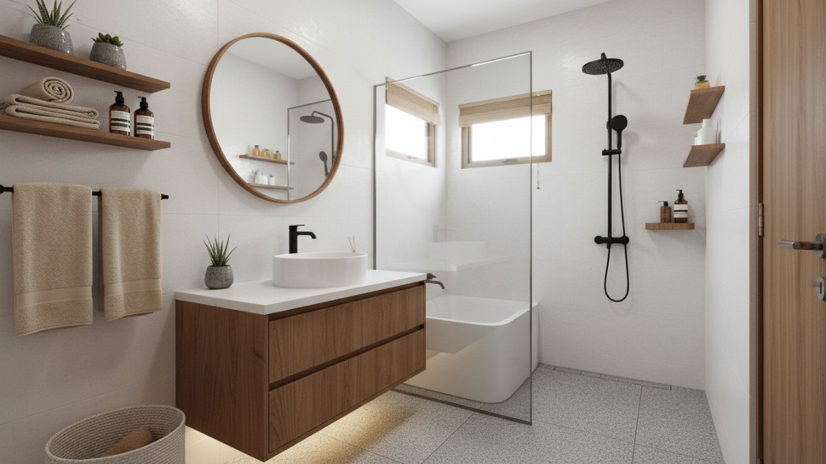 Kamar mandi kecil minimalis dengan cermin besar dan pencahayaan LED, tampak luas dan modern.