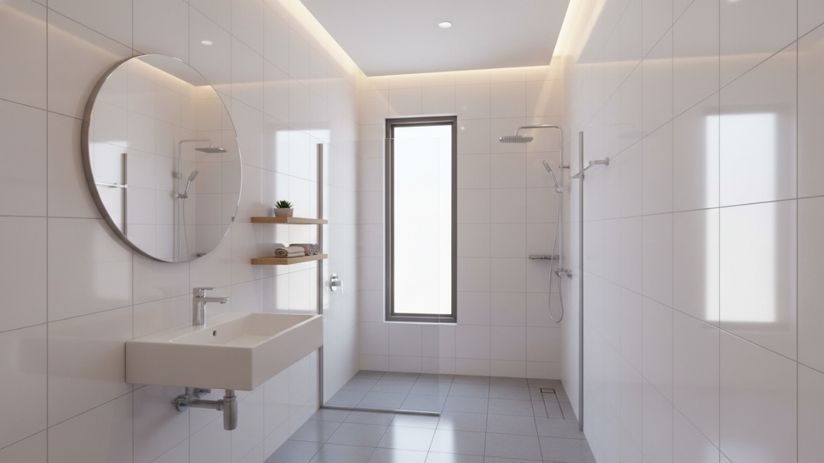 Shower box transparan dan wastafel ramping hemat ruang.