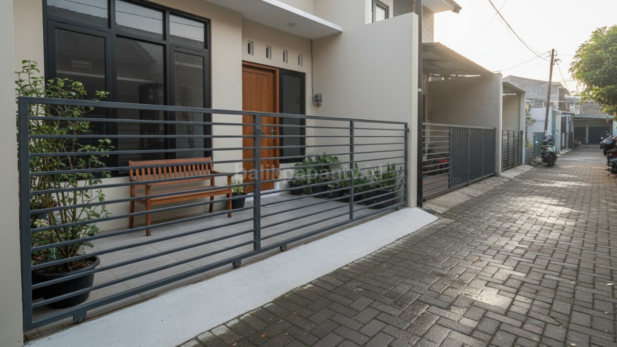 Desain pagar mepet teras rumah minimalis dengan kombinasi besi dan kayu sintetis