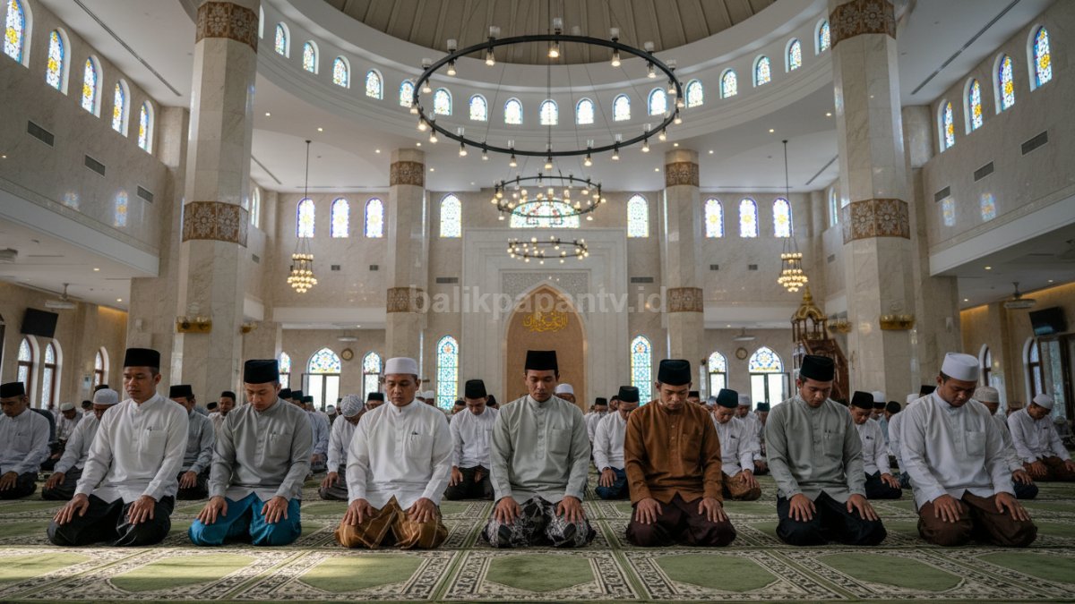 Jamaah salat Idulfitri dengan pakaian rapi dan bersih di lapangan terbuka 