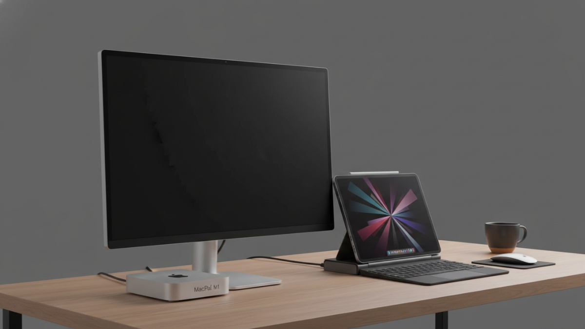 Setup Mac Mini dan iPad di meja kerja minimalis, ilustrasi konsep MacPad modern