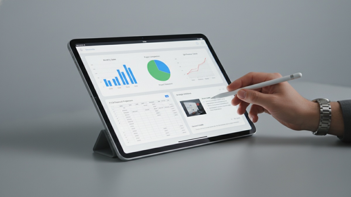 Tampilan layar iPad dengan visual tajam saat digunakan kerja