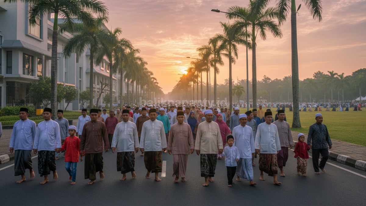 Jamaah berjalan kaki menuju lapangan salat Id dengan suasana pagi yang hangat 