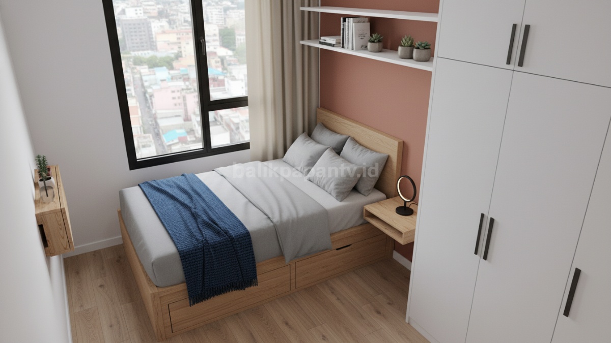 Kamar tidur 2x2 meter dengan desain minimalis dan furnitur multifungsi terlihat rapi dan lega