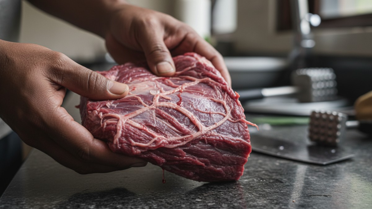 Ilustrasi serat daging sapi yang keras sebelum dimasak 