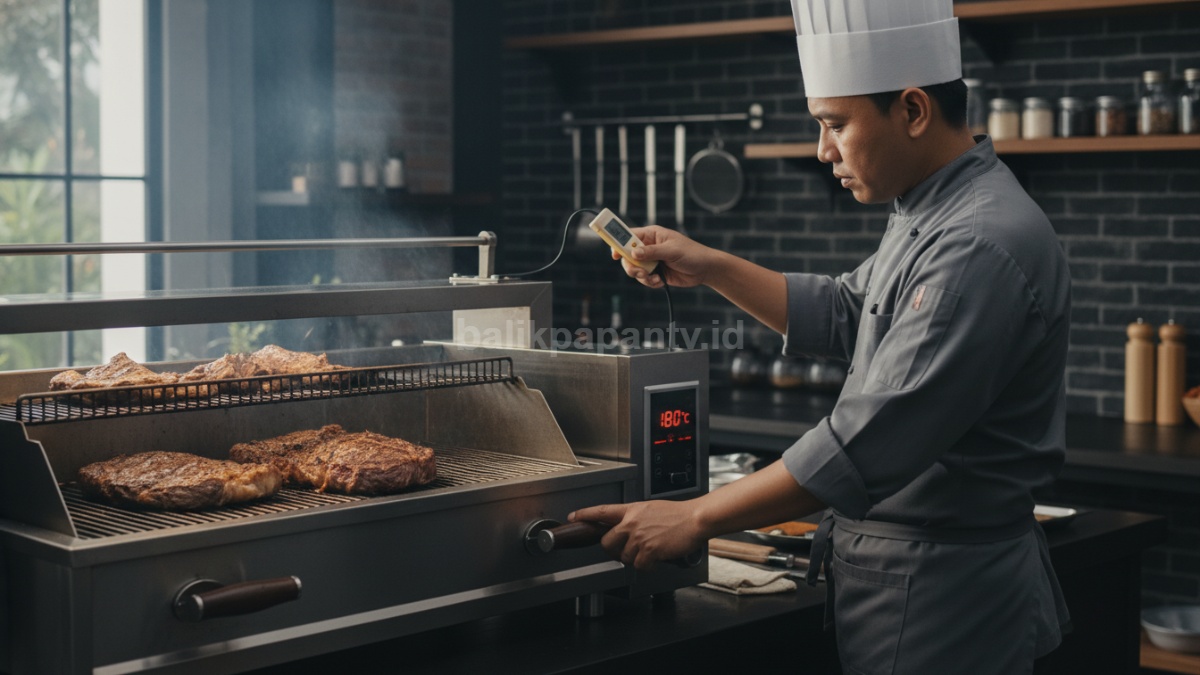Koki profesional mengatur suhu masak daging 