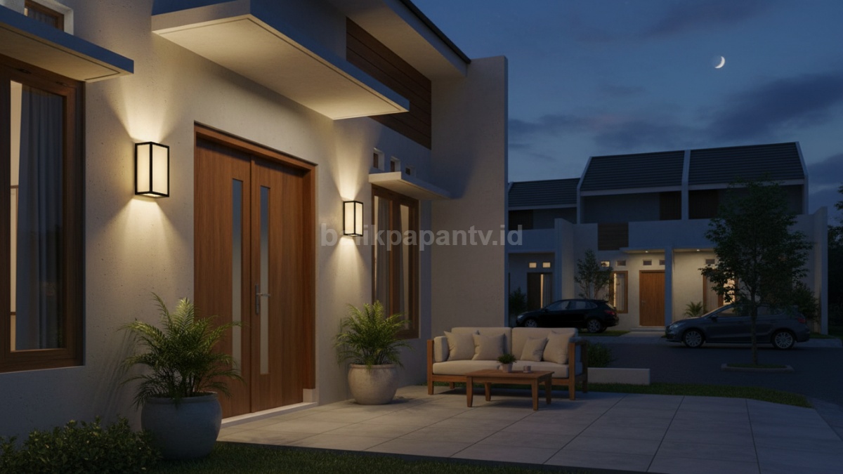 Teras rumah minimalis dengan lampu dinding hangat terlihat elegan di malam hari