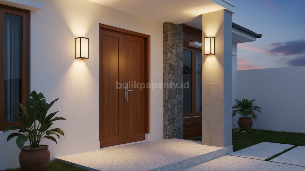 Lampu dinding outdoor Dipasang di sisi pintu atau pilar teras untuk pencahayaan langsung.