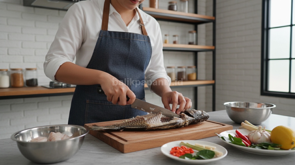Proses membersihkan tulang ikan dengan teknik filet di dapur rumah agar aman dikonsumsi 