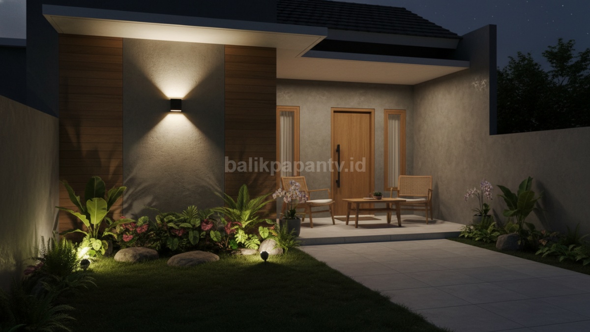 Lampu sorot (spotlight) Digunakan untuk menonjolkan elemen tertentu seperti taman kecil atau tekstur dinding.