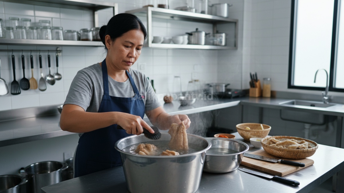 Proses membersihkan kikil dengan air panas di dapur 