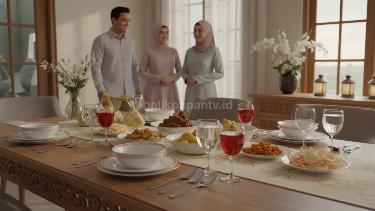 Meja makan Lebaran dengan susunan piring rapi dan estetik, siap menyambut tamu 