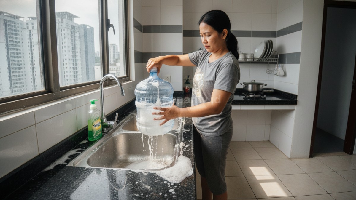 Proses mencuci galon dengan air hangat dan sabun di dapur 