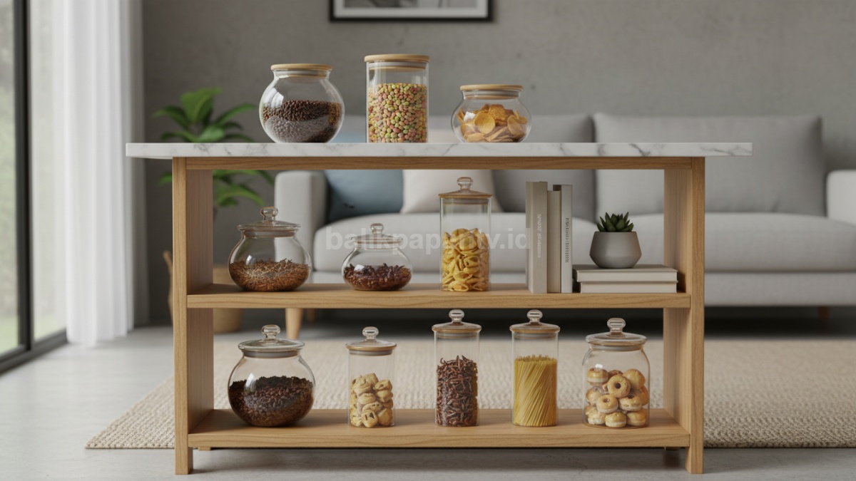 Meja toples minimalis di ruang tamu kecil dengan susunan rapi dan elegan