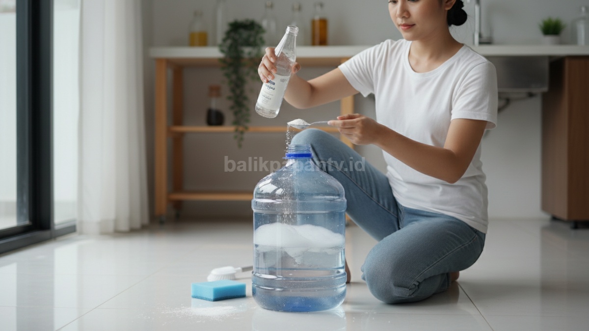 Bahan alami seperti cuka dan baking soda untuk membersihkan galon 
